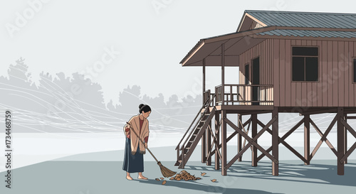 Serene rural scene depicting a woman sweeping leaves near a traditional stilt house
