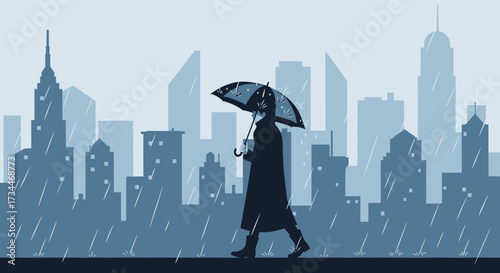 Silhouette of a person walking in the rain with a cityscape background, showcasing urban