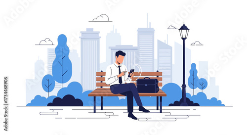 Stylized illustration of a businessman using a mobile phone in an urban park setting