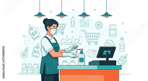 Supermarket worker sanitizing hands and wearing a mask for safety during pandemic times