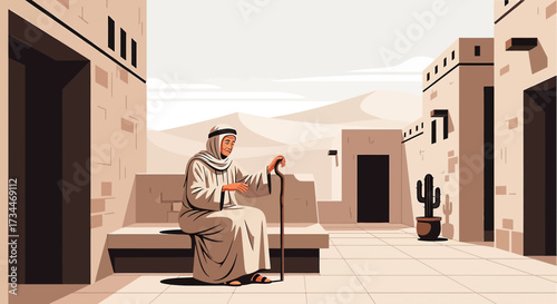 Traditional arabian man resting in village setting with desert backdrop, portraying cultural