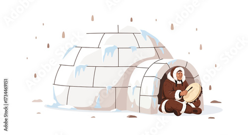 Traditional Inuit Culture: An Elder Playing a Drum Inside an Igloo in a Snowy Landscape