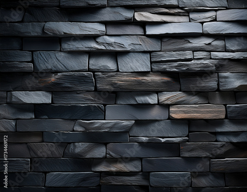 Dark Stone Brick Wall with Uneven Textured Surface and Subtle Highlights