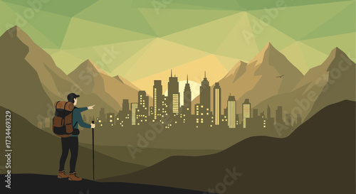 Urban exploration hiking man with backpack pointing at the cityscape beyond the mountains