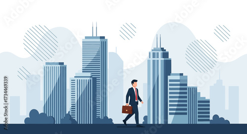 Urban professional: A businessman walking in a stylized city backdrop illustration