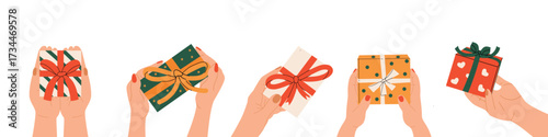Hands holding colorful gift boxes tied with ribbons. Festive present design for Christmas, New Year, birthday or celebration. Holiday banner. Flat vector illustration isolated on white.