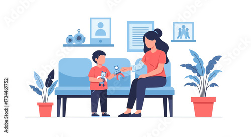 Visiting the Doctor: A Mother's Health Check-Up with Her Son's Playful Distraction in the Clinic