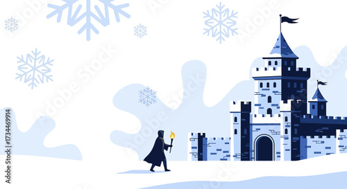 Whimsical Winter Adventure: A hooded figure journeys towards a majestic castle in the snow