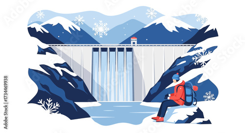 Winter Dam Landscape with Backpacker: Serene Holiday Illustration with Snowy Mountains and Frozen
