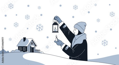 Winter Solstice Celebration: A Person Lighting a Candle Lantern in a Snowy Landscape