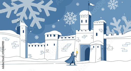Winter landscape with medieval castle, guard with torch, snow and snowflakes illustration