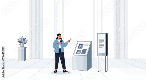 Woman exploring art gallery with phone, enjoying exhibition, modern and bright space showcases