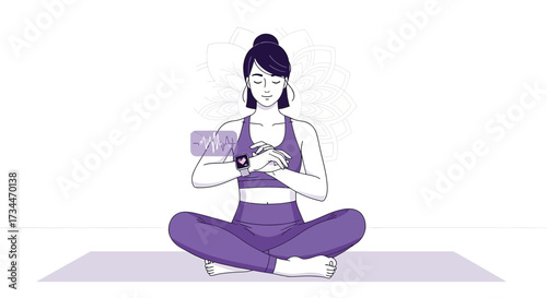 Woman in lotus position checking heart rate on smartwatch for wellness monitoring and relaxation