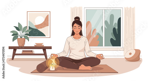 Woman practicing meditation in a cozy home environment promotes wellness and relaxation through yoga