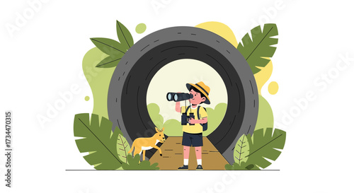 Young explorer discovers nature with binoculars and a loyal dog companion in jungle