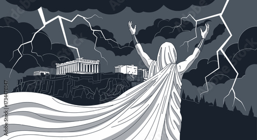 Zeus unleashing his wrath over Athens with lightning striking the Parthenon