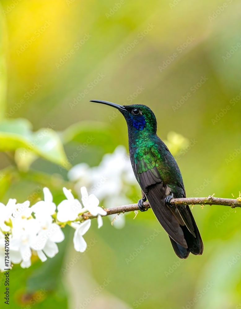 Fototapeta premium Vibrant hummingbird on a branch with white blossoms