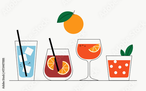 Illustration of refreshing summer cocktails with orange on a light background