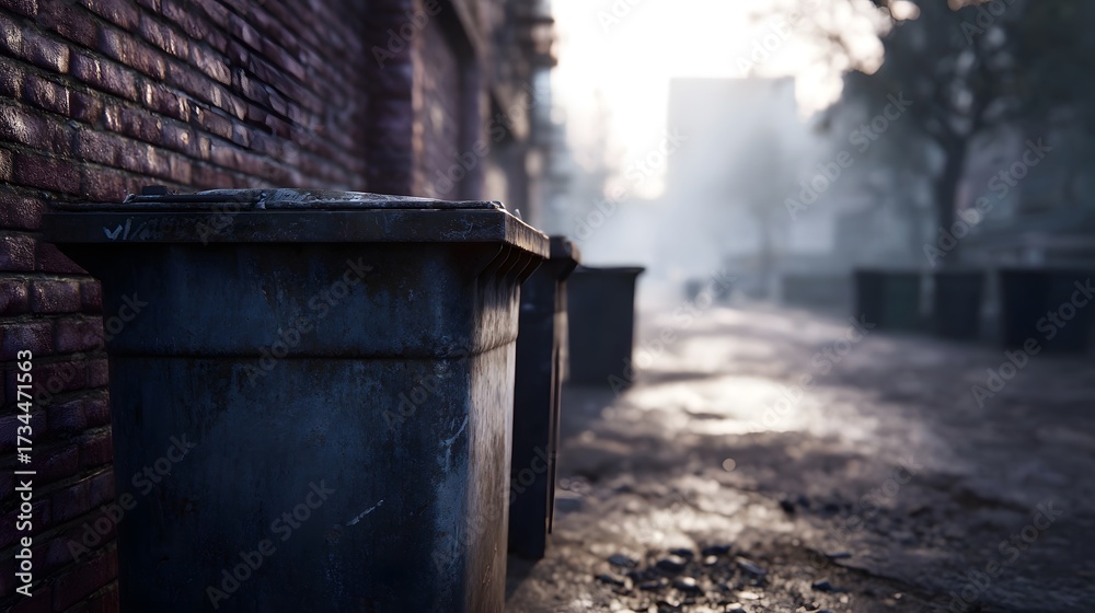 Fototapeta premium A narrow urban alleyway lined with weathered trash bins in the soft glow of early morning fog