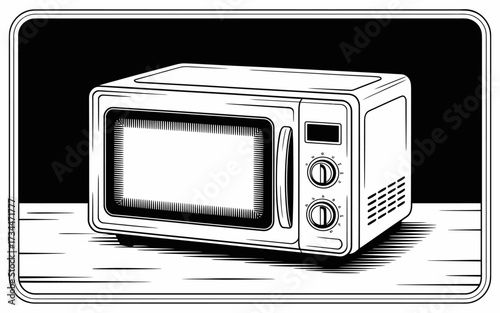 Illustration of a microwave oven on a table in black and white