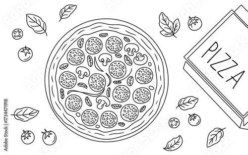 Hand drawn pizza with pepperoni and mushroom in doodle style