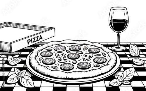 Hand drawn pizza with wine glass on table in doodle style