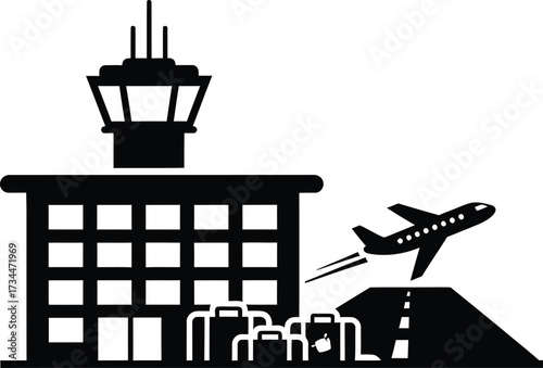 Airport terminal building with control tower and departing airplane