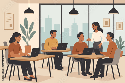 Group of professionals working together in a modern office environment with laptops
