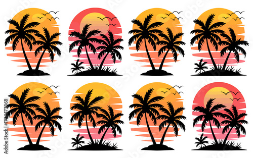 Silhouette of tropical palm trees on island with sunset background vector