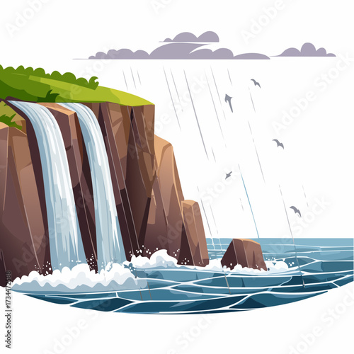 Cliffside Waterfall Cascading into Ocean with Overcast Sky Pixel Art