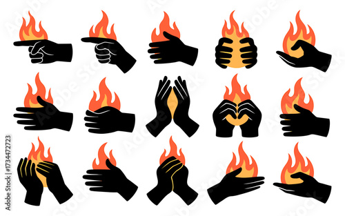 Collection of hands holding fire, flame in palms and fingers vector set