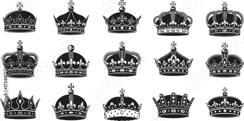 Vector art of collection of 15 ornate royal crowns and tiaras, detailed illustration
