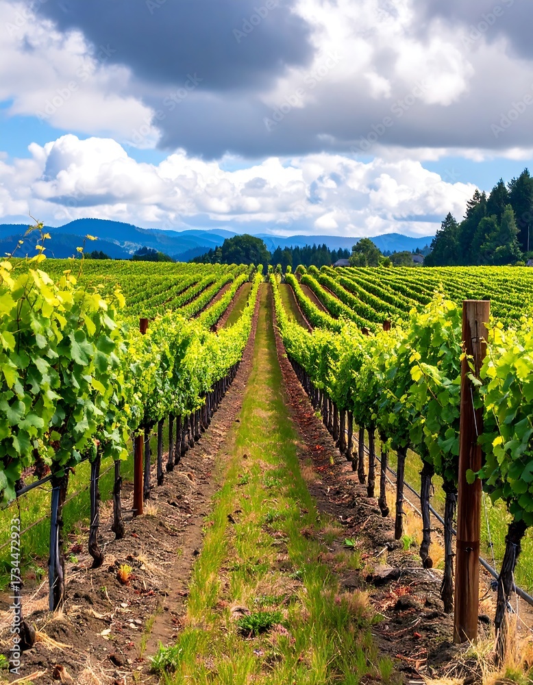 Obraz premium Vineyard rows stretching into a landscape under a cloudy sky