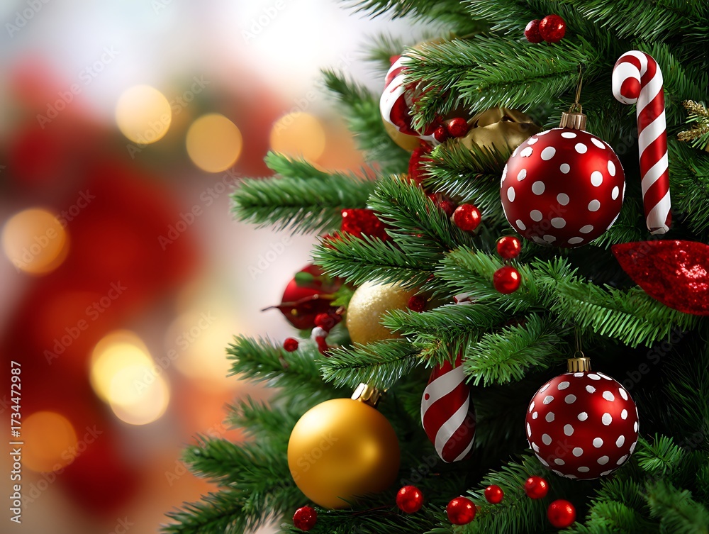 Fototapeta premium Close-up View of Christmas Tree Decorations with Ornaments and Lights