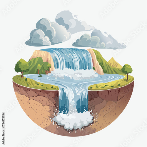 Pixel Art Style Cascade Waterfall Scene with Green Hills and Cloudy Sky in Isolated Earth Sphere Digital Illustration