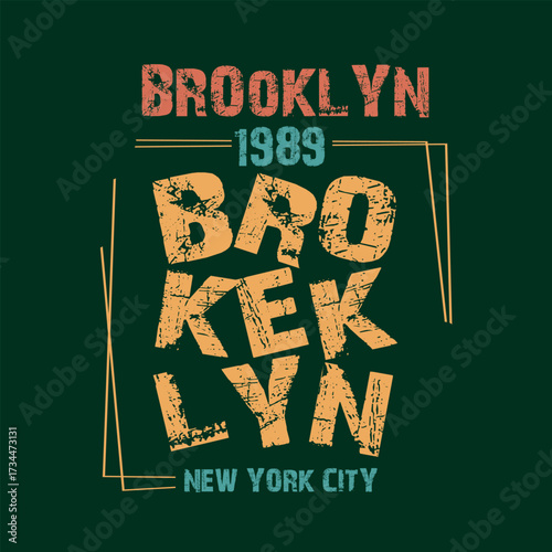 A vintagestyle vector graphic showcases the word brooklyn and new york city with distressed textures, set against a dark green background, evoking a retro urban feel