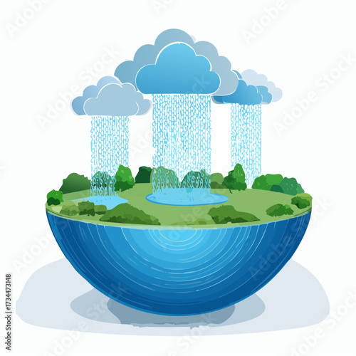 Stylized Half Sphere Island with Greenery and Rain Clouds Isolated on White Background