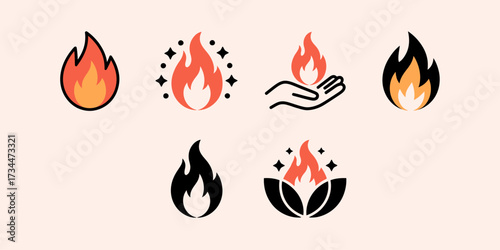 Collection of flame icons in flat design style on light background