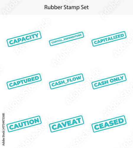 Fotografi Turquoise Rubber Stamp Set with Finance Related Words on a White Background