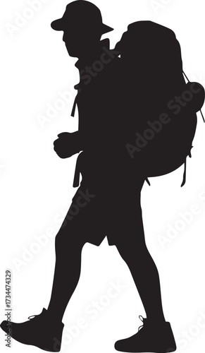 silhouetted hiker with backpack walking outdoors minimal travel adventure vector illustration