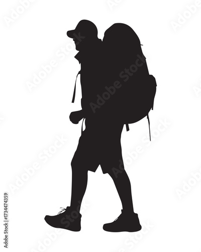 backpacker silhouette walking on trail outdoor exploration hiking traveller vector icon graphic