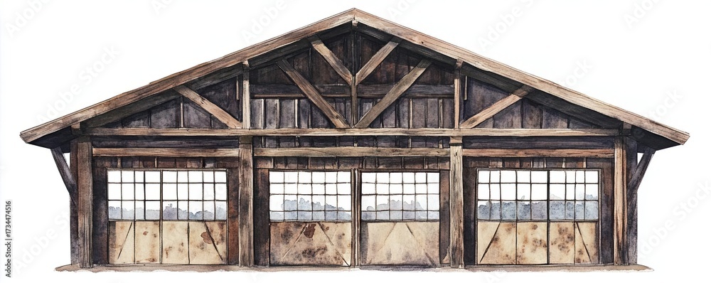 Obraz premium Urban exploration mystery vintage Rustic Wooden Barn Structure with Open Doors and Large Windows