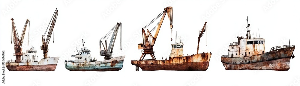 Fototapeta premium Urban exploration mystery vintage Aged Fishing Vessels and Cranes Displaying Rust and Wear Over Time