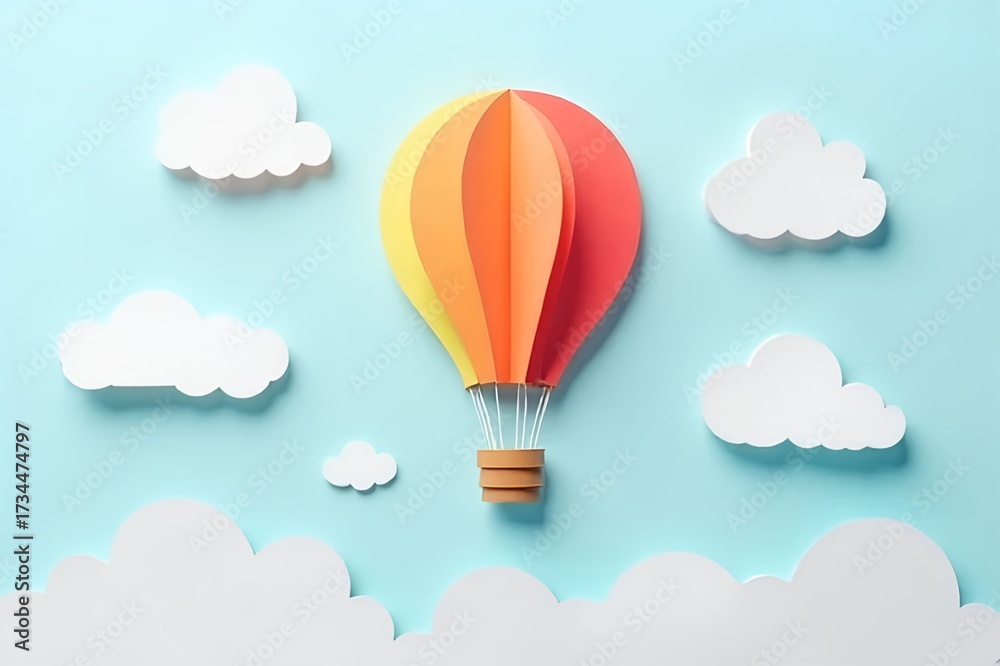 Fototapeta premium Paper cut style of a hot air balloon with cloud. Freedom, adventure, and imagination, perfect for travel themes, inspirational posters, and creative graphic design projects concept