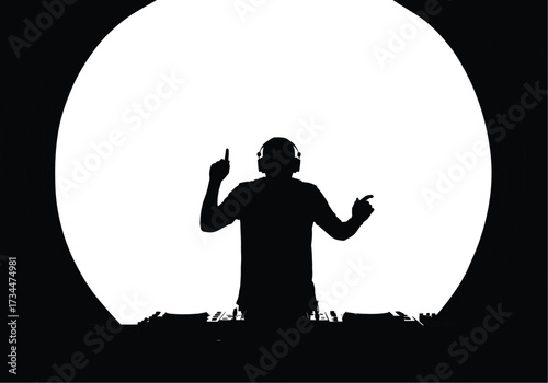 DJ, silhouette, music, party, dance, club, nightlife, concert, festival, crowd, stage, spotlight, headphones, performance, energy, entertainment, sound, mixing, electronic, celebration, show
