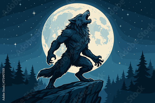 Howling werewolf silhouette in front of full moon against starry night sky and dark forest