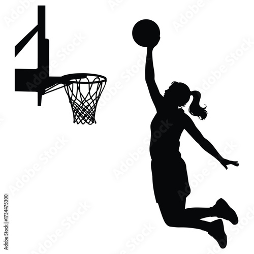 Silhouette of a female basketball player dunking a ball