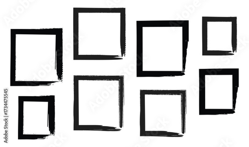 Set of rectangular grunge brush frame. Rectangle brush stroke, ink paint brush, grunge frame. Black square shapes with ripped jagged borders. Vector illustration, Eps 10
