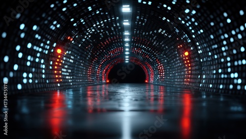 Fototapeta Naklejka Na Ścianę i Meble -  A futuristic tunnel, lit with vibrant blue and red LED lights, creates a striking and captivating scene.