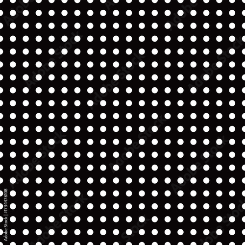 A seamless pattern with white polka dots in a neat grid on black background. Great for textiles, wallpapers, packaging, and modern graphic design.